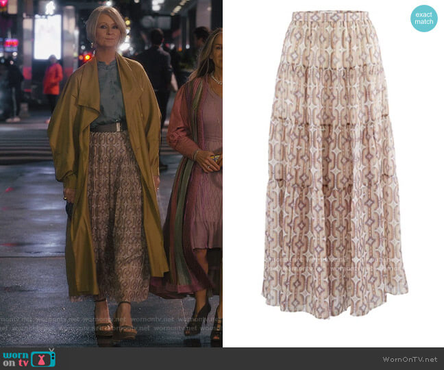 Long Skirt with Silk Frills with Spangled Stripes by Celine worn by Miranda Hobbs (Cynthia Nixon) on And Just Like That