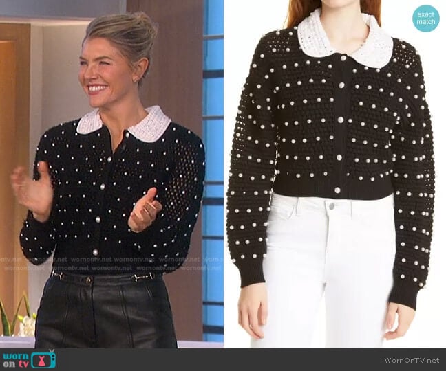 Collins Imitation Pearl Crochet Wool Cardigan by Alice + Olivia worn by Amanda Kloots on The Talk