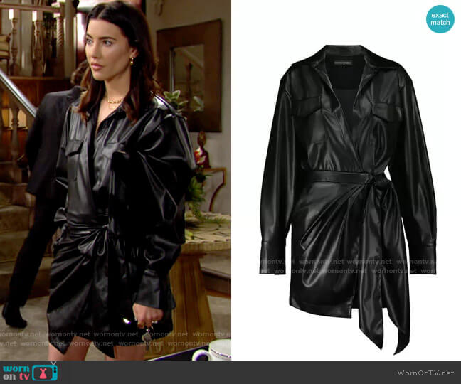 David Koma Faux leather shirt dress worn by Steffy Forrester (Jacqueline MacInnes Wood) on The Bold and the Beautiful