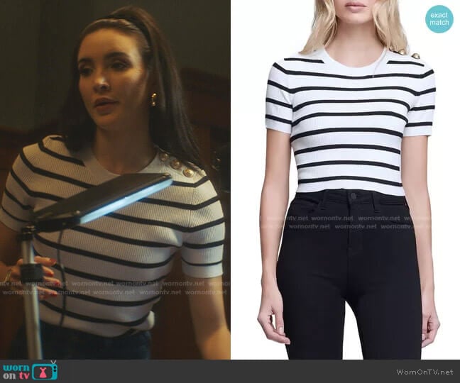 Delphine Stripe Short Sleeve Sweater by L'Agence worn by Bess (Maddison Jaizani) on Nancy Drew