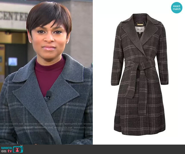 Diane von Furstenberg Gray Plaid Double Face Wool Wrap Coat worn by Jericka Duncan on CBS Mornings