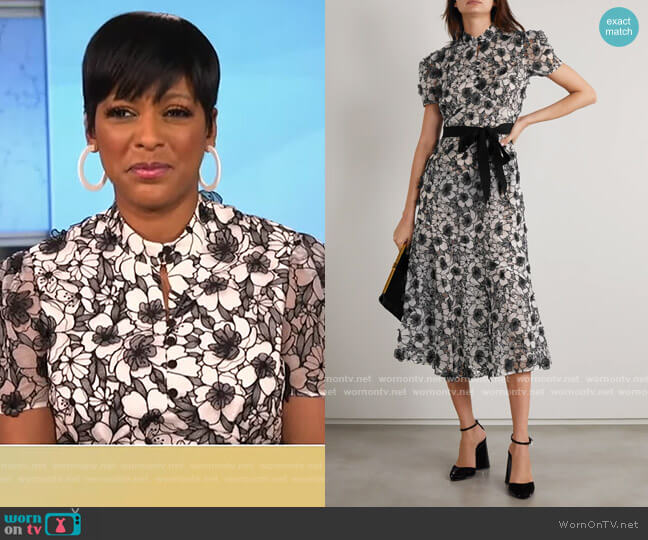 Lauren Belted Floral-Applique Organza Midi Dress by Erdem worn by Tamron Hall on Tamron Hall Show