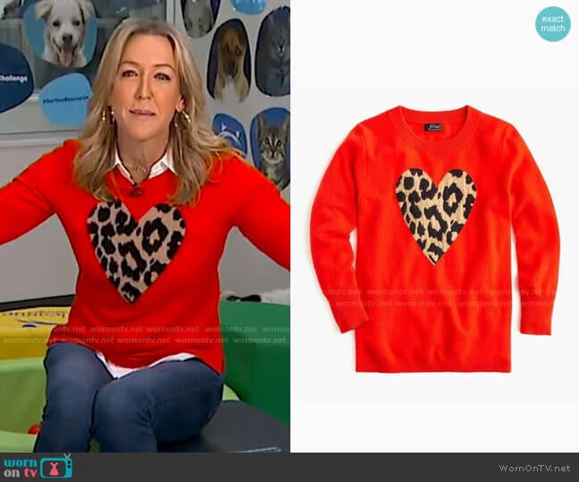 Everyday cashmere crewneck sweater with leopard heart by J. Crew worn by Lara Spencer on Good Morning America