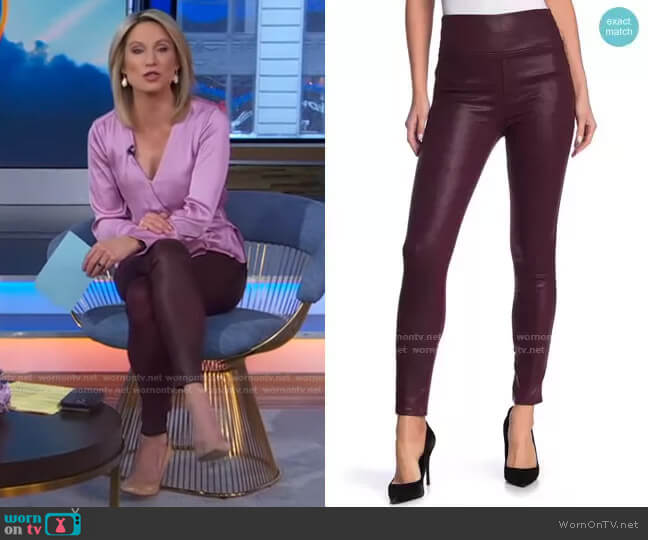 Wornontv Amys Pink Satin Wrap Top And Burgundy Pants On Good Morning America Amy Robach 