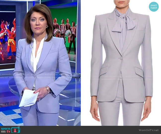 Fitted Flap-Pocket Wool-Silk Blazer by Alexander McQueen worn by Norah O'Donnell  on CBS Evening News