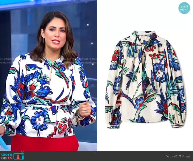 Floral Print Tie Neck Silk Blouse by Tory Burch worn by Cecilia Vega on Good Morning America