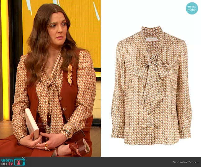 Geometric-print silk shirt by Tory Burch worn by Drew Barrymore on The Drew Barrymore Show