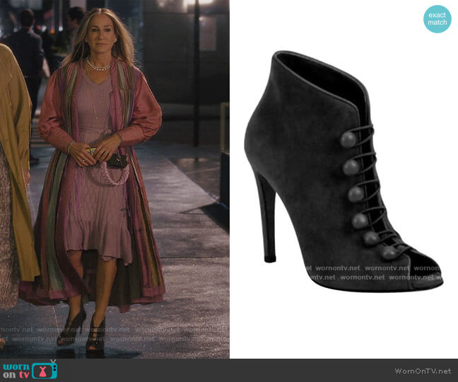 Suede Button-Strap Peep-Toe Boots by Gianvito Rossi worn by Carrie Bradshaw (Sarah Jessica Parker) on And Just Like That