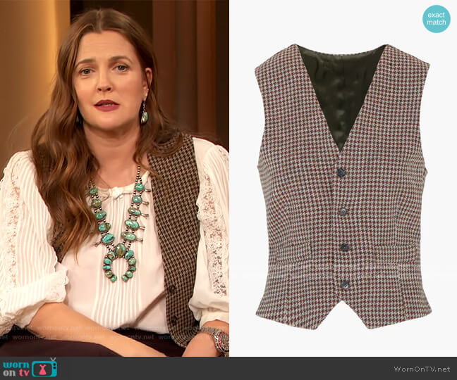 The Andrea Houndstooth Vest by Giuliva Heritage worn by Drew Barrymore on The Drew Barrymore Show