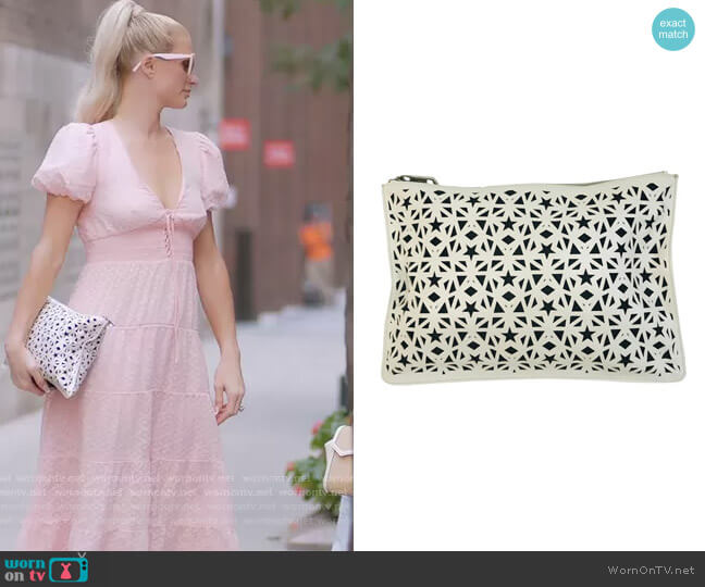 Pandora Star Laser Cut Medium Pouch White Leather Clutch by Givenchy worn by Paris Hilton on Paris in Love