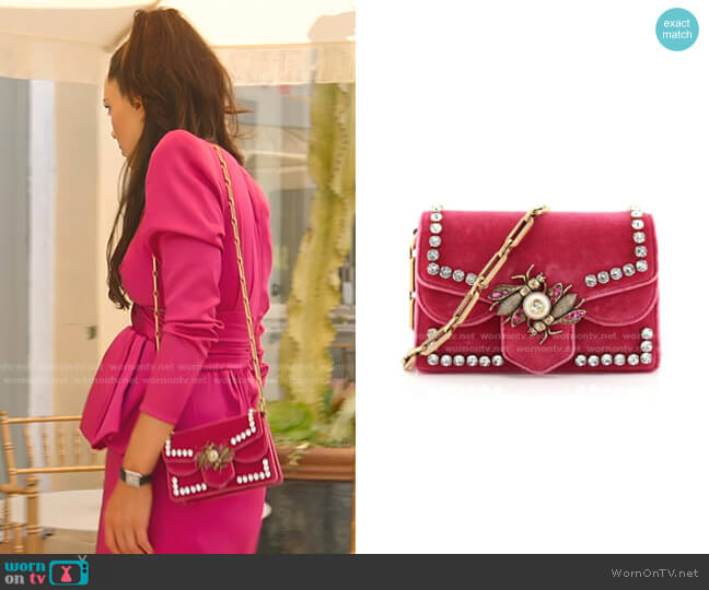 Broadway Embellished Velvet Chain Shoulder Bag In Raspberry by Gucci worn by Davina Potratz  on Selling Sunset