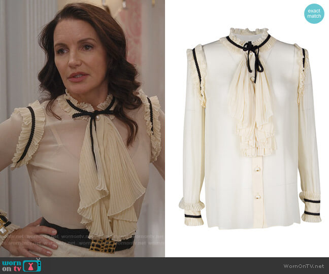 Cream Contrast Trim Ruffle Detail Long Sleeve Blouse by Gucci worn by Charlotte York (Kristin Davis) on And Just Like That