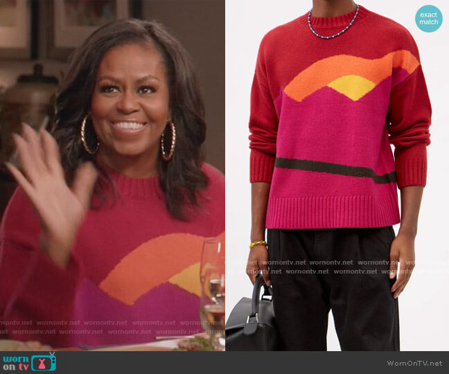 Landscape-jacquard wool-blend sweater by JW Anderson worn by Michelle Obama on Black-ish