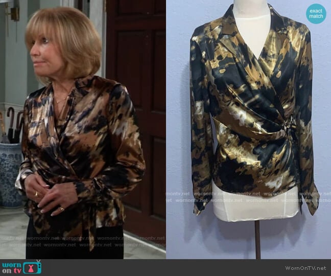 Jones New York Camo Satin Blouse worn by Monica Quartermaine (Leslie Charleson) on General Hospital