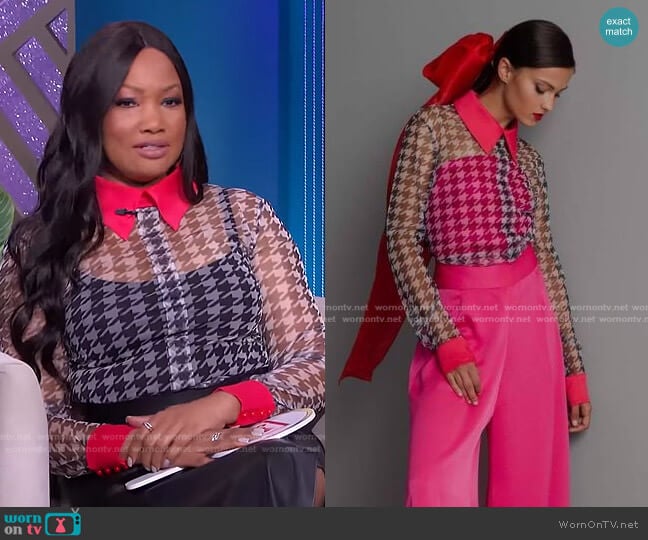 Houndstooth Sheer Blouse by Kaftan Studio worn by Garcelle Beauvais on The Real