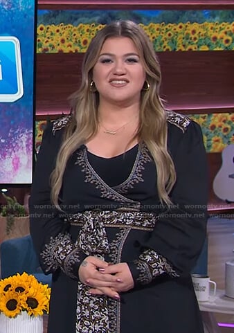 Kelly’s black embroidered wrap dress on The Kelly Clarkson Show