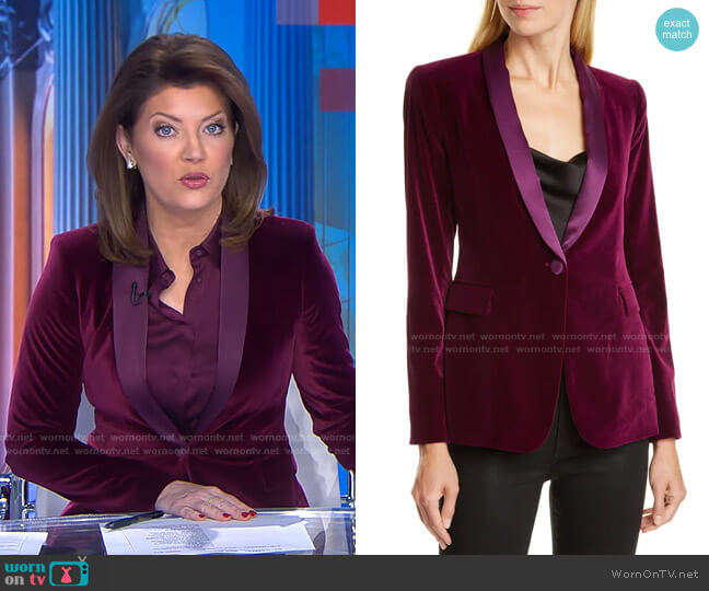 Macey Velvet Shawl Collar Jacket by Alice + Olivia worn by Norah O'Donnell on CBS Evening News