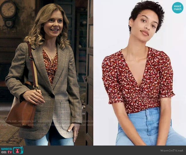 Madewell Silk Button-Sleeve Top in Spring Prairie worn by Sam (Rose McIver) on Ghosts