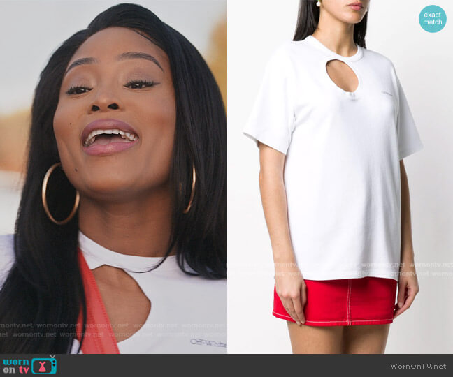 Cut out T-shirt by Off White worn by Lauren Rice (Pepi Sonuga) on Queens