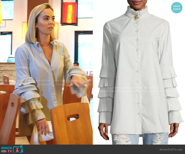 Pleated Long-Sleeve Button-Front Poplin Blouse by Jonathan Simkhai worn by Nicole Martin (Nicole Martin) on The Real Housewives of Miami