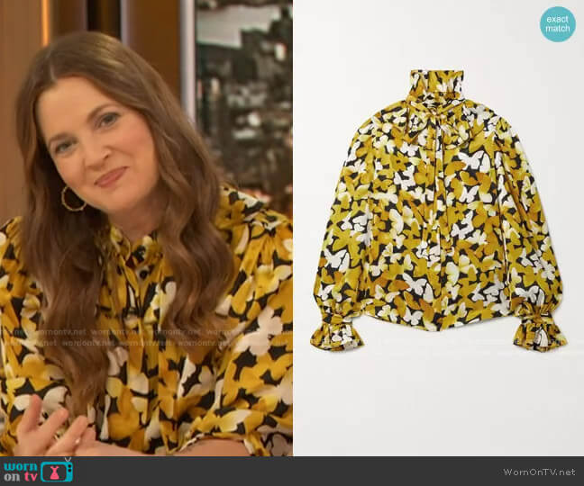 Pussy-Bow Ruffled Silk-Satin Jacquard Blouse by Saint Laurent worn by Drew Barrymore on The Talk