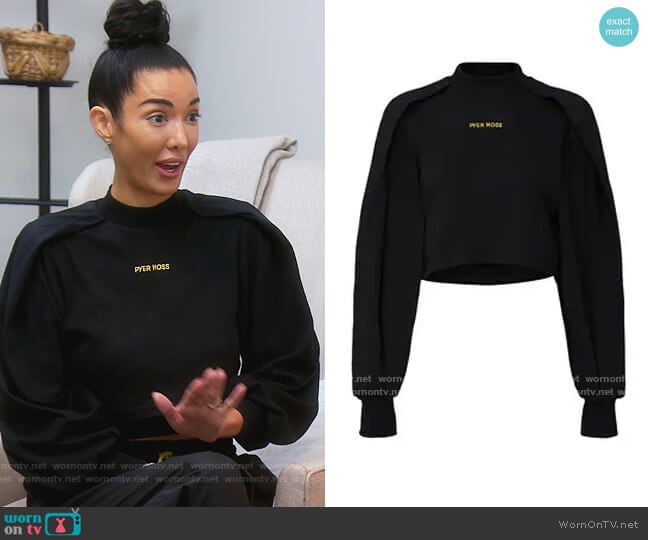 Long Wrap Sleeve Cropped Pullover by Pyer Moss worn by Noella Bergener on The Real Housewives of Orange County