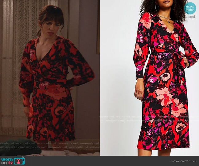 Floral Print Wrap Midi Dress in red by River Island at ASOS worn by Marina (Karla Souza) on Home Economics