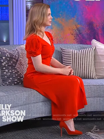 Rose McIver’s red button down dress on The Kelly Clarkson Show