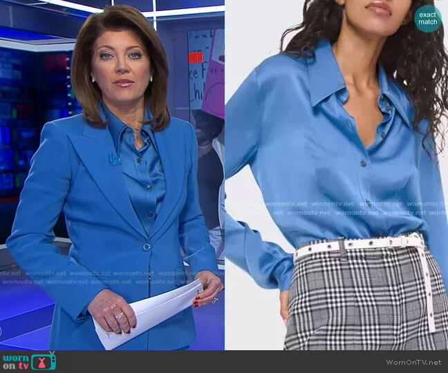 Satin Pointed-Collar Button-Front Shirt by Michael Kors worn by Norah O'Donnell on CBS Evening News
