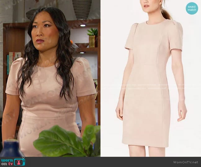 Scuba-Suede Short Sleeve Sheath Dress by Calvin Klein worn by Melinda Trask (Tina Huang) on Days of our Lives