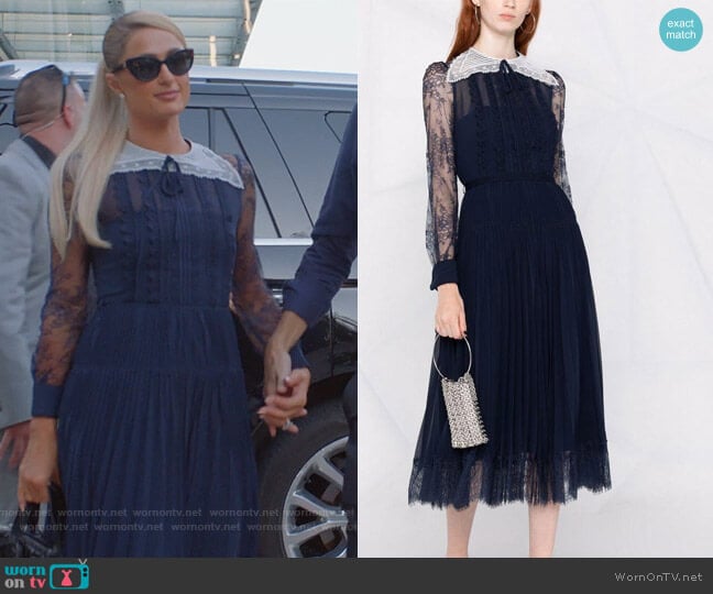 Pleated Lace Panelled Midi Dress by Self Portrait worn by Paris Hilton on Paris in Love