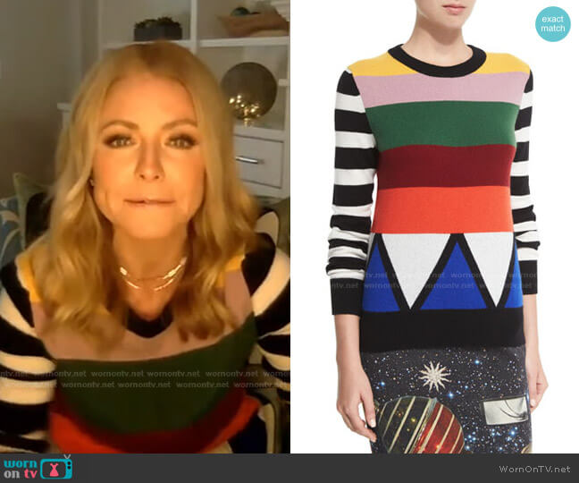 Sonia Striped Jewel-Neck Cashmere Sweater by Libertine worn by Kelly Ripa on Live with Kelly and Ryan
