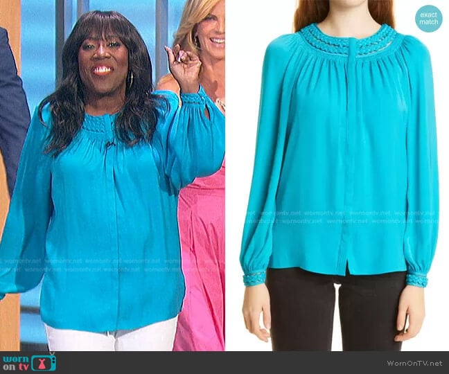 Sylvia Embellished Yoke Blouse by Kobi Halperin worn by Sheryl Underwood on The Talk