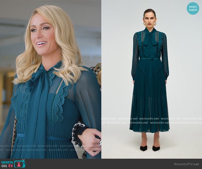 Teal Chiffon Scallop Midi Dress by Self Portrait worn by Paris Hilton on Paris in Love