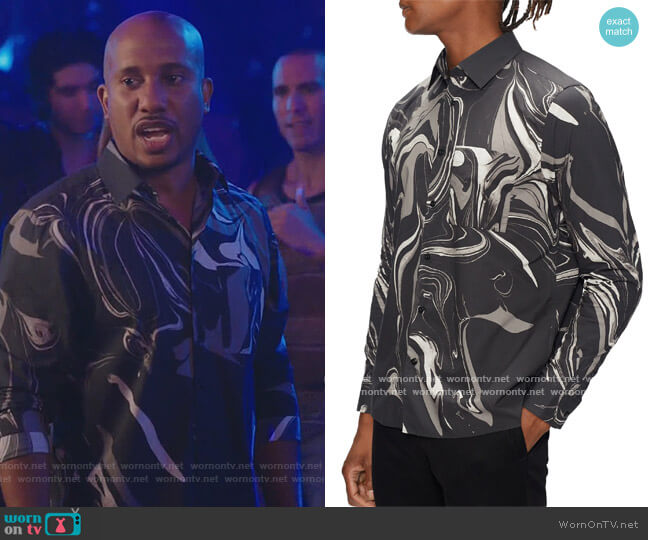 Gary’s black marble print shirt on Kenan