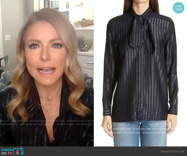 Tie-neck striped metallic silk-blend shirt by Saint Laurent worn by Kelly Ripa  on Live with Kelly & Ryan