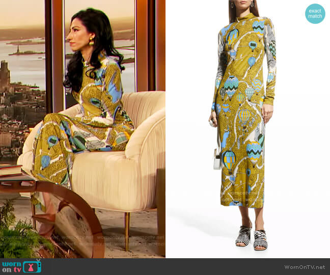 Printed Mock-Neck Long Dress by Tory Burch worn by Huma Abedin on The Drew Barrymore Show