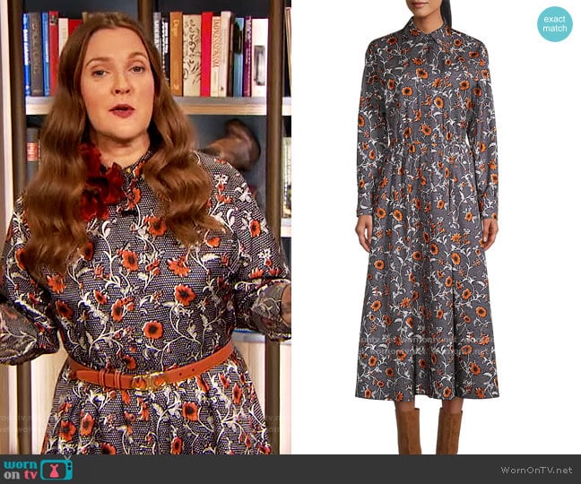 Eleanor Silk Floral Shirtdress by Tory Burch worn by Drew Barrymore on The Drew Barrymore Show