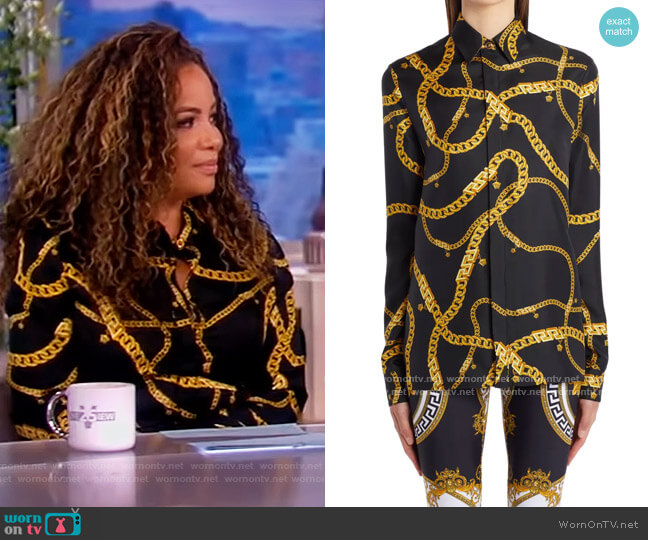 Chain Print Silk Twill Blouse by Versace worn by Sunny Hostin on The View