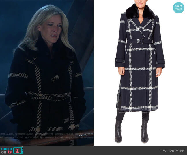Faux-Fur-Collar Plaid Maxi Wrap Coat by Vince Camuto worn by Carly Corinthos (Laura Wright) on General Hospital