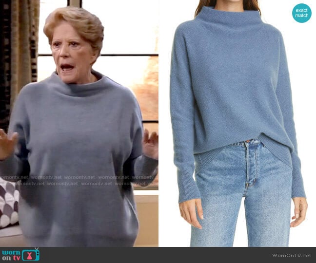 Vince Funnel Neck Boiled Cashmere Sweater in Blueberry worn by Norma (Linda Lavin) on B Positive