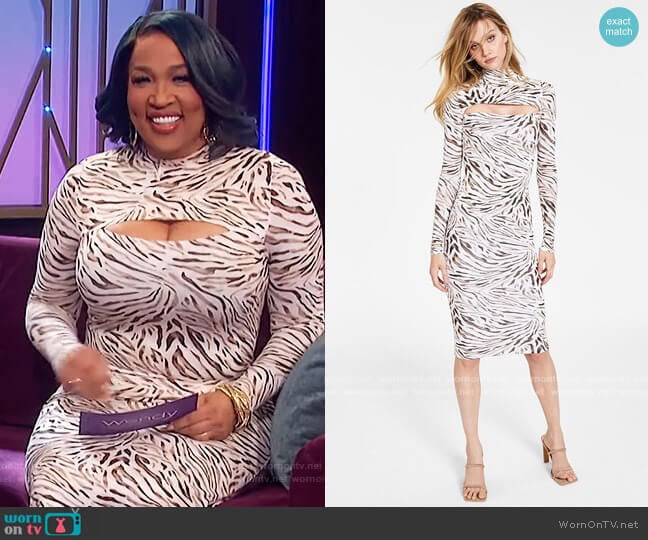 Zebra-Print Cutout Bodycon Dress by Bar III worn by Kym Whitley on The Wendy Williams Show