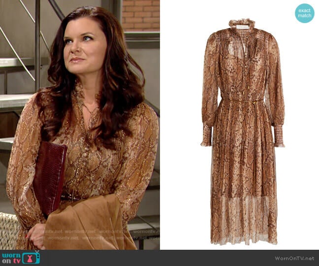 Zimmermann Belted metallic-trimmed snake-print silk-blend chiffon midi dress worn by Katie Logan (Heather Tom) on The Bold and the Beautiful