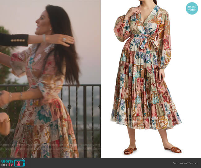Cassia patchwork-print midi dress by Zimmermann worn by Vanessa Villela  on Selling Sunset