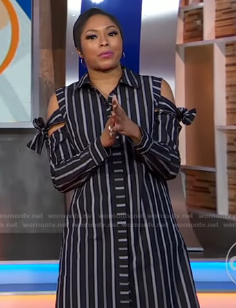 Alicia's black striped cold-shoulder shirtdress on Good Morning America