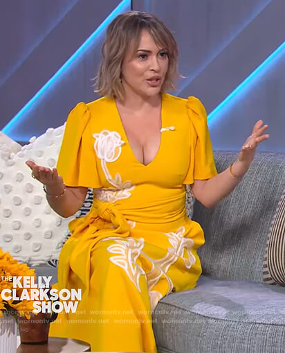 Alyssa Milano's yellow floral embroidered dress on The Kelly Clarkson Show