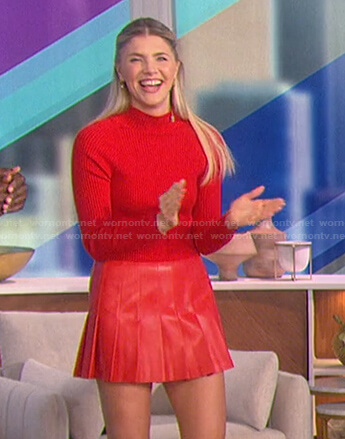 Amanda’s red ribbed sweater and pleated leather skirt on The Talk