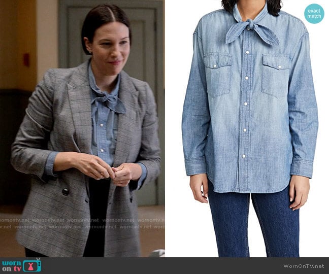 AMO Tie Neck Chambray Shirt worn by Olivia Elliot (Rebecca Henderson) on Single Drunk Female