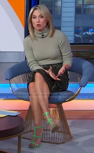 Amy’s green turtleneck sweater and printed skirt on Good Morning America