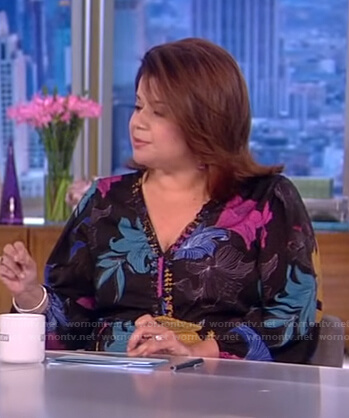 Ana’s black floral v-neck dress on The View